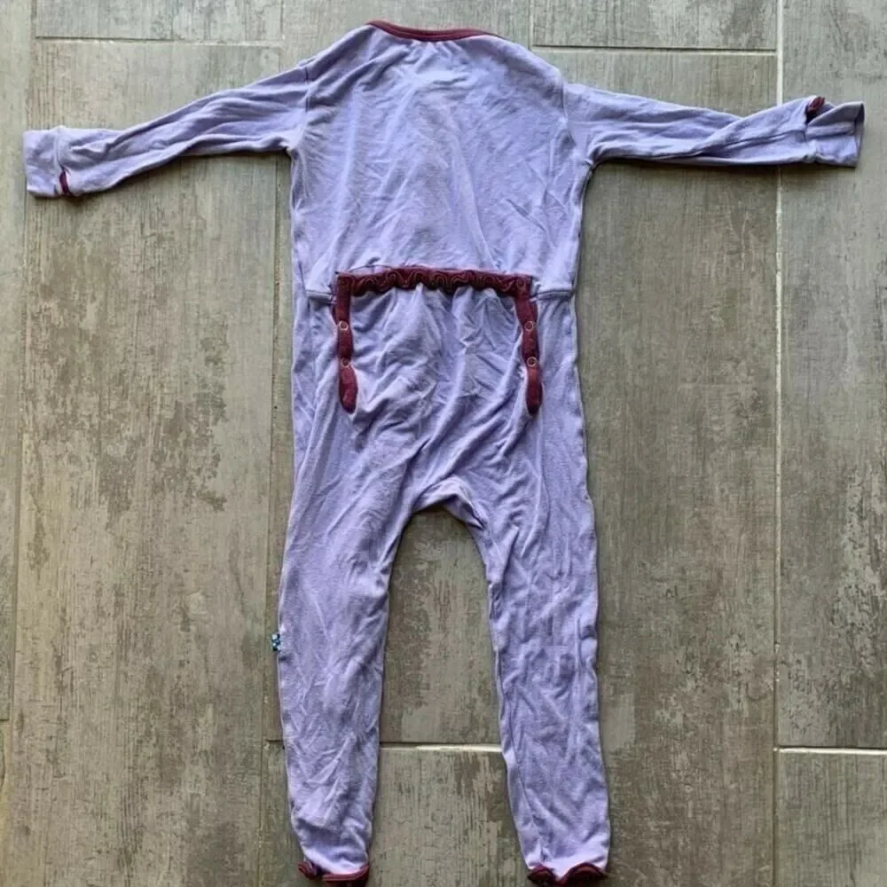 KicKee Pants Girls Toddler Pjs Solid Ruffle Coverall Snaps Lilac Purple 2T HOLE